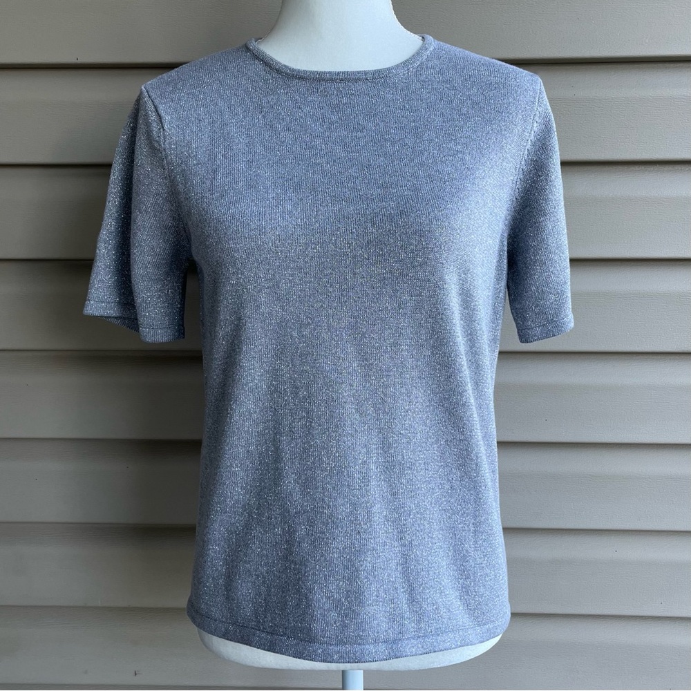 •JENNIFER MOORE• Shimmery Silver Short Sleeve Sweater - Size Medium